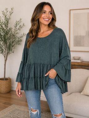 Altar'd State TealAcid Wash Bell Sleeve Top